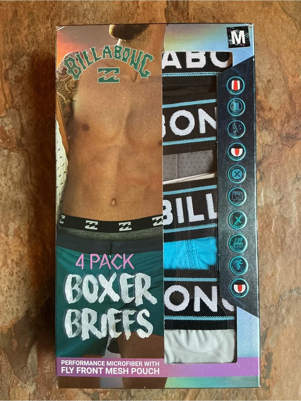 Billabong Men's Boxer Briefs 4-Pack in Teal, Black, Gray, White